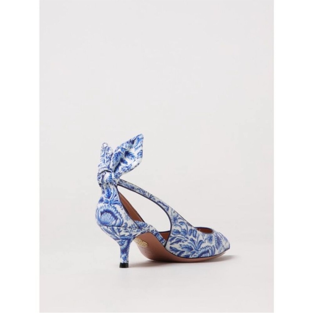 ISO Aquazzura Bow Tie Pump 50 Blue White Floral Kitten Heel Size US 8/EU 38-39 - Picture 3 of 4